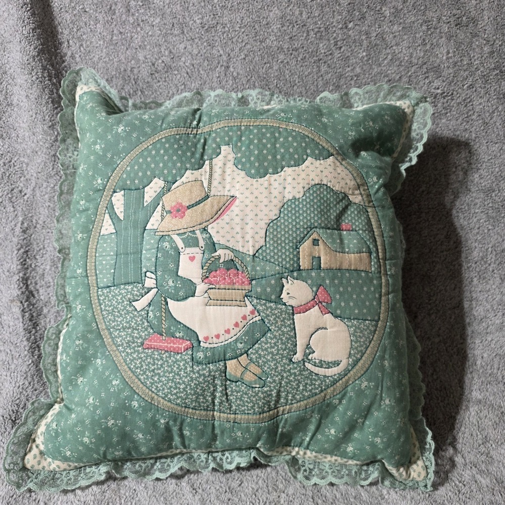 Cottage Core Holly Hobbie Cat Quilted Throw Pillow Sculpted Girl Farm Rustic
